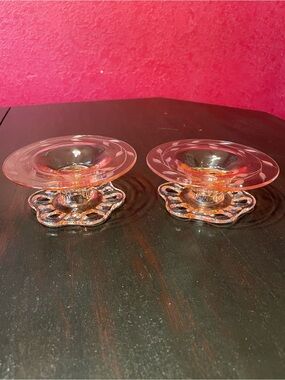 Pair of Lancaster Depression Glass Pink Candle holders Open Work Pattern